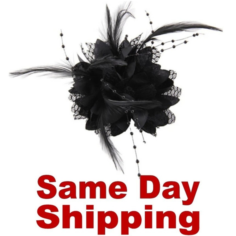 Lot of 4 Clip-On BLACK 4" Flower Feather Beads Fascinator Wedding Dance Ponytail